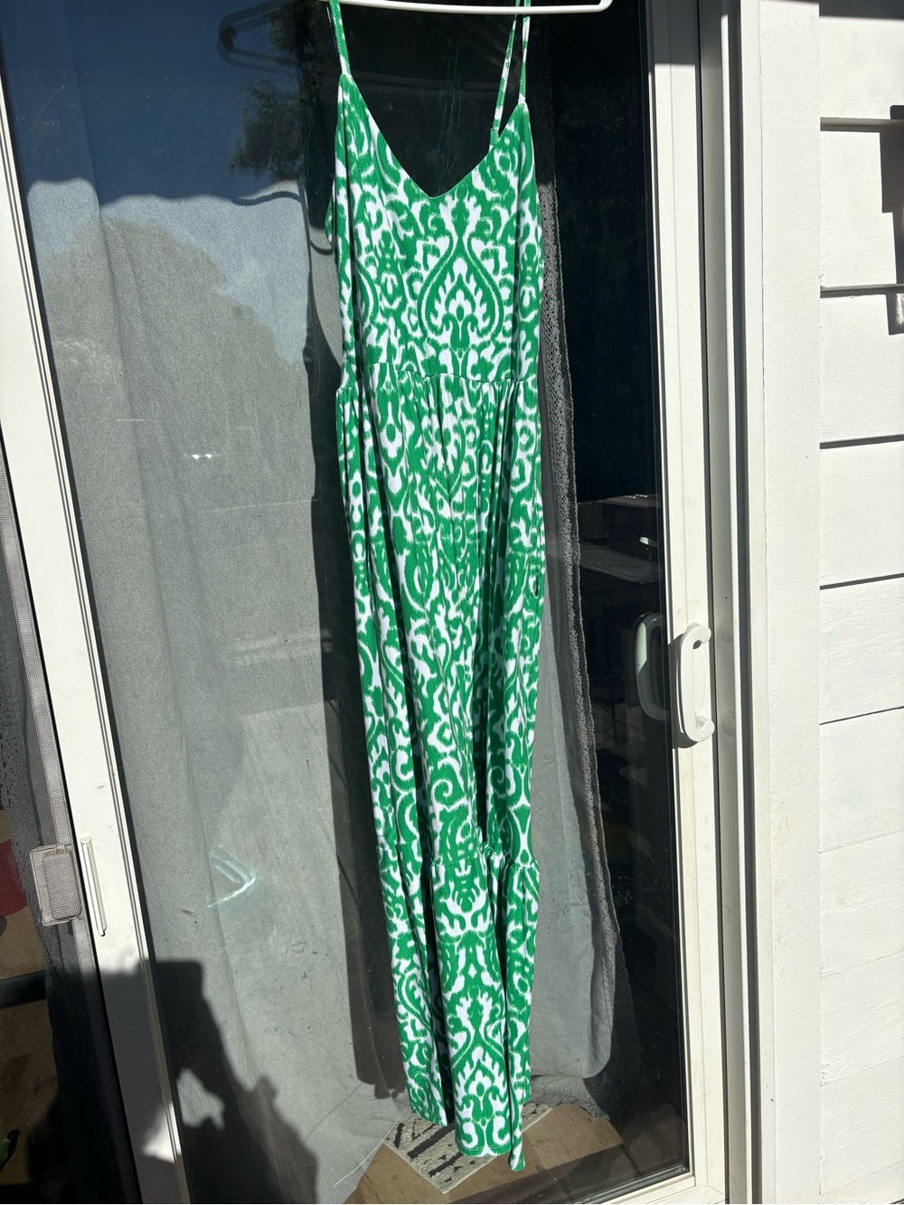 Emily Daniel Green & White Smocked Maxi Dress with pockets
